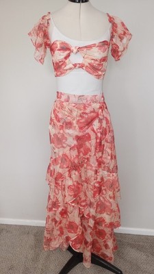 Women`s CHICWAYS Palace Floral Cutout Ruffle Maxi Pink size S CS17196