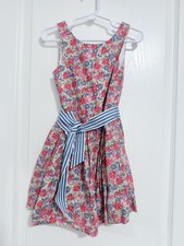 Girls Floral Fit  Flare Dress Knee Length Pink Blue Sleeveless Bow Belt