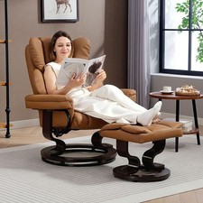 Image of Padded PU Leather Manual Reclining Armchair, 360° Swivel Sofa Chair w/ Footstool