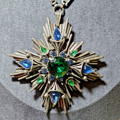 Vintage Florenza Necklace Green and Blue Rhinestones Maltese Cross Massive