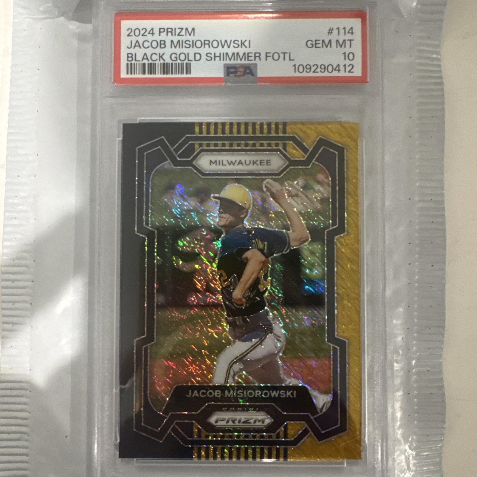 2024 PANINI PRIZM BLACK GOLD SHIMMER FOTL #114 JACOB MISIOROWSKI 3/3 PSA 10