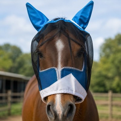 Equine Fly Mask with Ears, Mesh Face & Ear Covers, Blue/Black/White