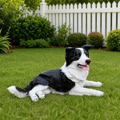 Border Collie Dog Statue Garden Decor - Black Resin Sculpture