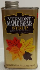 VERMONT MAPLE FARMS 1/2 PINT SYRUP TIN, NEW OLD STOCK, CIRCA 1960S COLLECTABLE