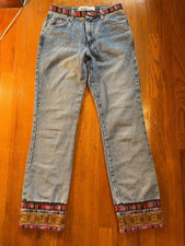 Vintage 90s Embroidered Cuff Straight Leg Jeans Festival Boho Denim Size 1/2