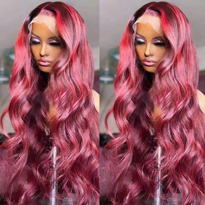 8A 200 Dichte Unverarbeitet Brasilianische Bodywave Burgund Lace Front Echthaar Perücke