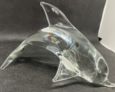 Vintage Signed Roberto Moretti  Clear Art Glass Sculpture of Dolphin