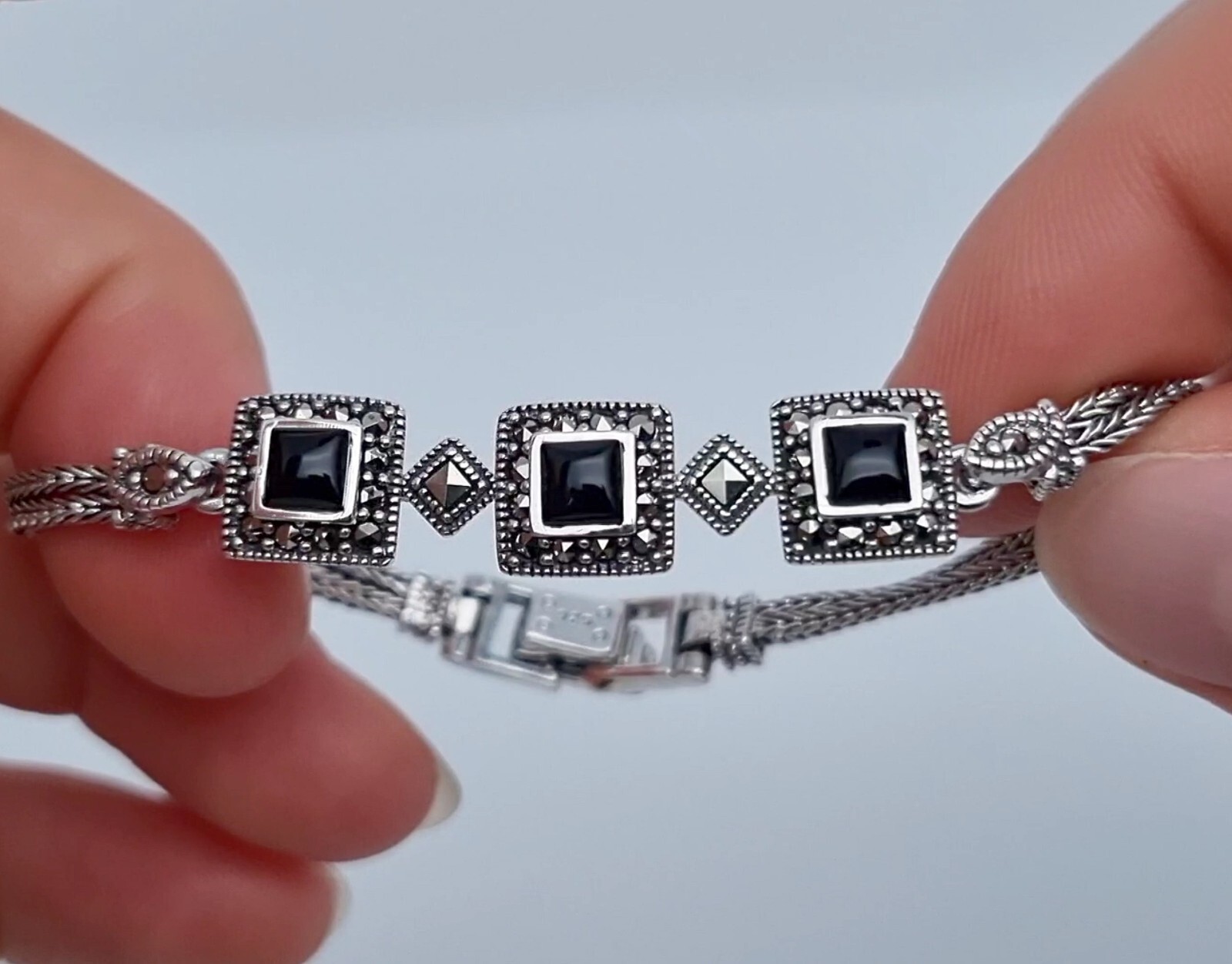 Natural Black Onyx and Marcasite gemstone Bracelet, Sterling silver 925, 7.5In