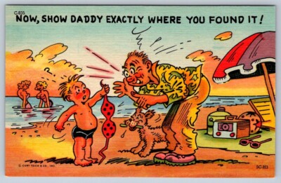Show Daddy Exactly Where You Found It! Boy With Bra,1955 Comic Postcard, NOS