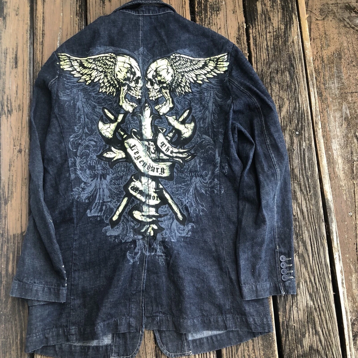 Gear Seven Collection Skull Embroidery Jean Jacket Sz M Mens Blue