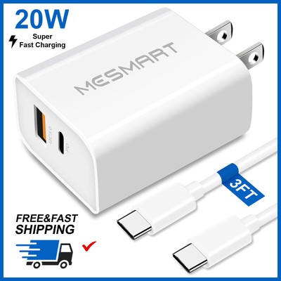 20W Fast Fast US Type C Wall Charger & USB-C to USB-C Cable For iPhone 16 15 Pro