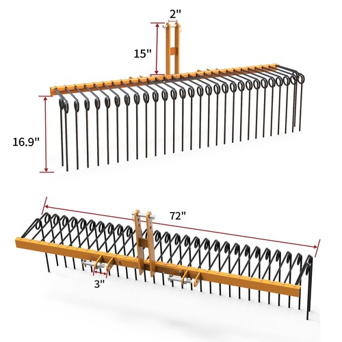 Heavy Duty Steel 72" 3 Pt Pine Straw Rake Attachment for Cat-0 & Cat-1 Tractor - Picture 3 of 7