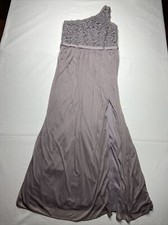 Davids Bridal Portobello Long Bridesmaid Dress Gray Single Strap Front Slit 14