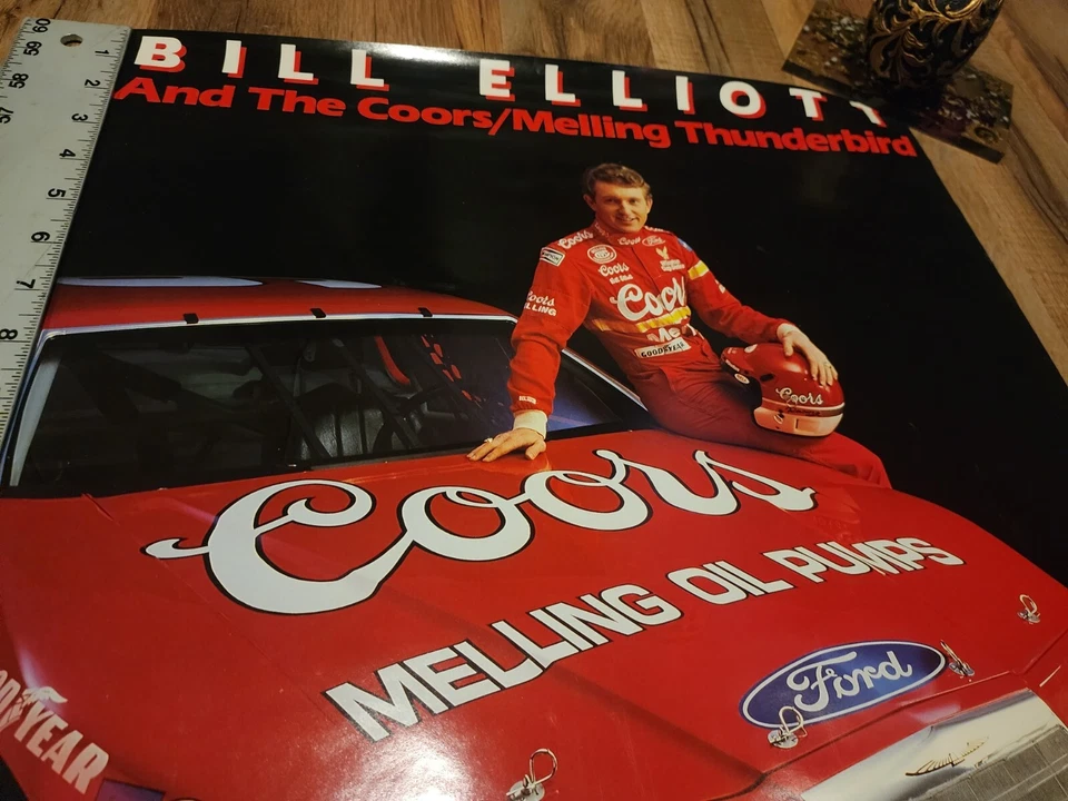 Vintage NASCAR Coors Beer Poster Bill Elliott 1986 Ford Racing Thunderbird Race - Image 2 of 4