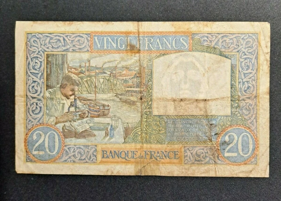 1942 France 20 Francs Banknote Pick# 92c -VG w/ Repaired Tear! - d3786usxx2 - Image 2 of 2