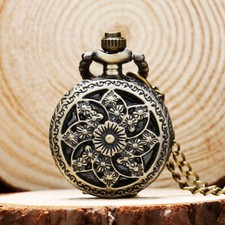 Mini Quartz Watches for Women Flower Case Pocket Watch Necklace Pendant Chain