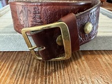 vintage leather deer buck forest belt w/ brass buckle 44"