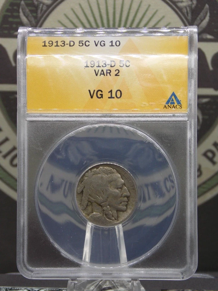 1913 "D" Indian Head BUFFALO Nickel **TYPE 2** 5c ANACS VG10 #544 Very Good - Image 3 of 4