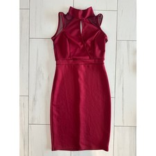 Burgundy Bodycon Midi Dress Mock Neck Mesh Keyhole Cocktail Party Sleeveless