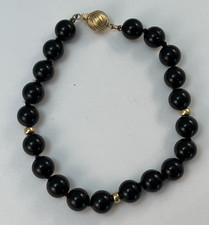 14K Yellow Gold Clasp 8 MM Onyx Beaded Bracelet 8"