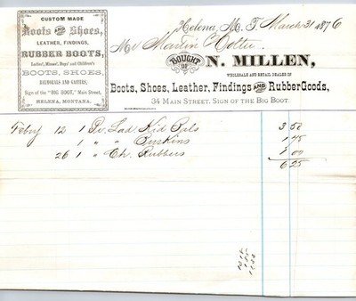 N. Millen Boots Shoes Leather Findings Helena, MT 1876 Billhead ''Ladies Kid Bals