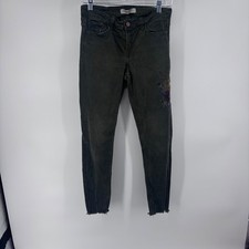 Zara Basic Olive Green Z1975 Denim Embroidered Floral Jeans Women 26 inseam