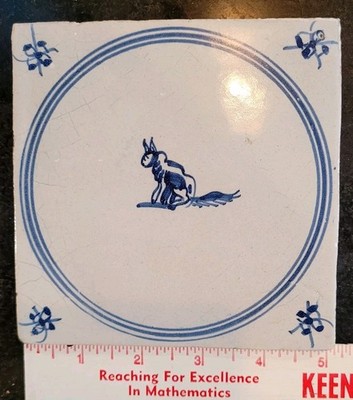 Antique Dutch Delft Hand Painted Blue and White Dog In Circle Tile 5''