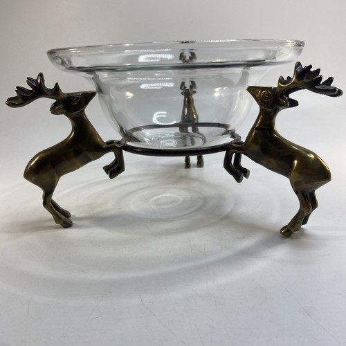 Vtg Footed Brass Deer Stand W/ Glass Bowl Candy Dish Reindeer Christmas 8.5 in - Picture 2 of 7