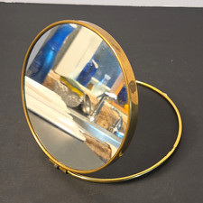Freestanding Round Gold Tone Metal Vanity Make-up Mirror, Polished, Unlighted