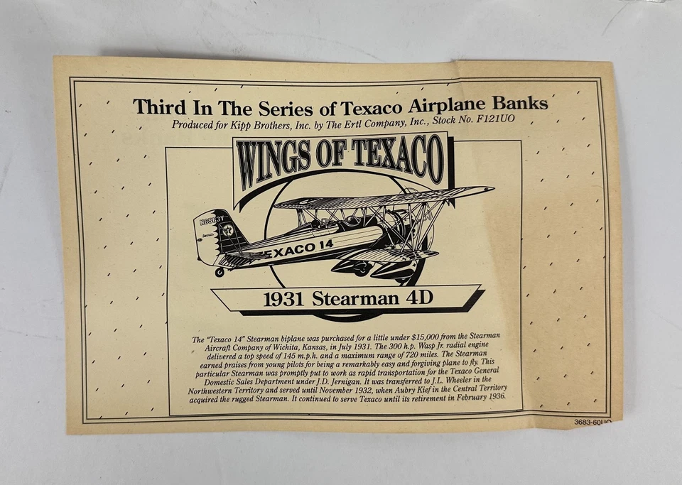 Texaco Wings Of Texaco 1931 Stearman Bipland 3rd In The Series Ertl Bank - Image 2 of 4