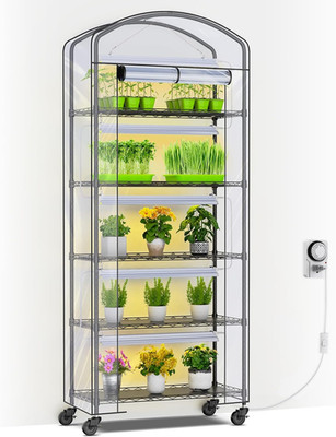 5-Tier Greenhouse with Grow Light, Shelf Height Adjustable Metal Plant Shelf wit