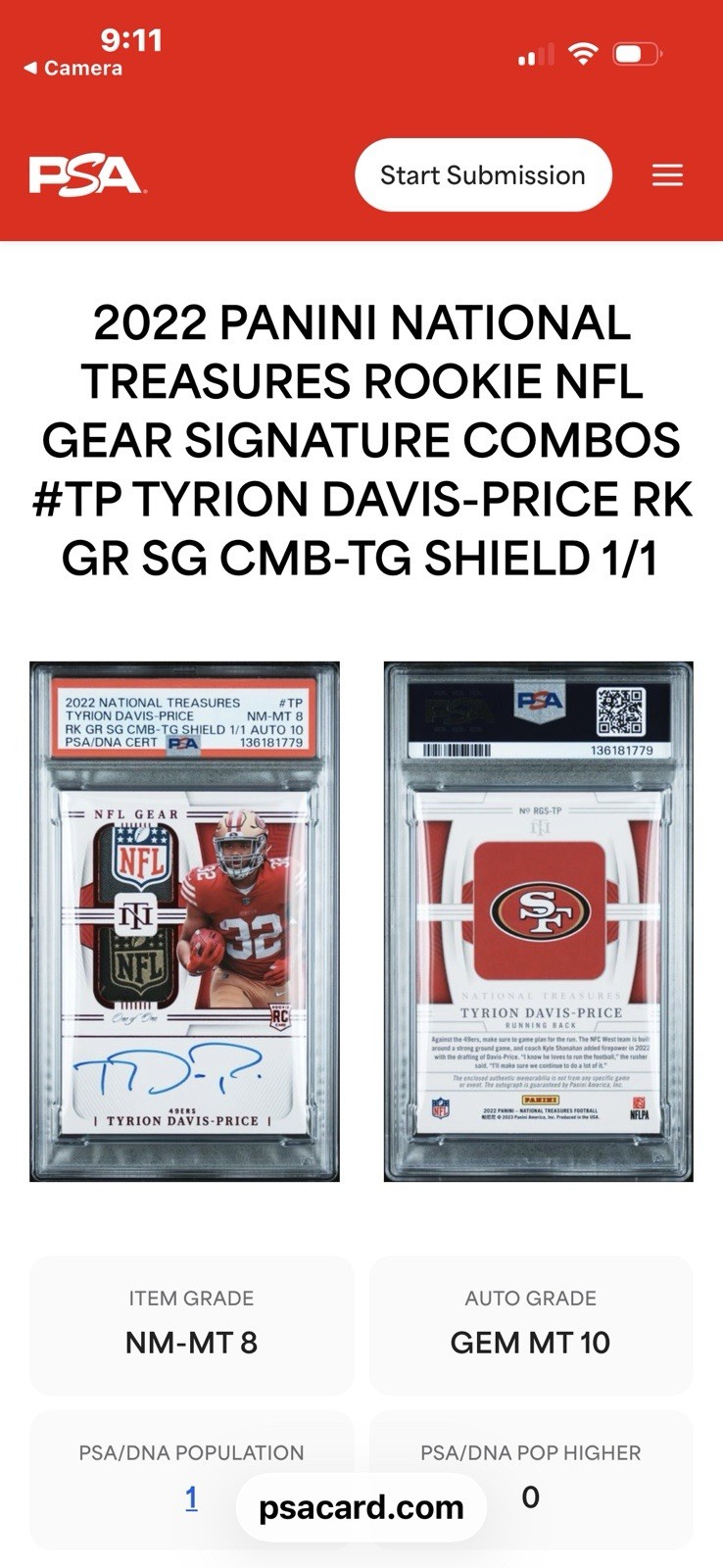2022 NATIONAL TREASURES 1/1 SHEILD AUTO RPA TYRION DAVIS-PRICE ROOKIE PSA 8/10 view 3