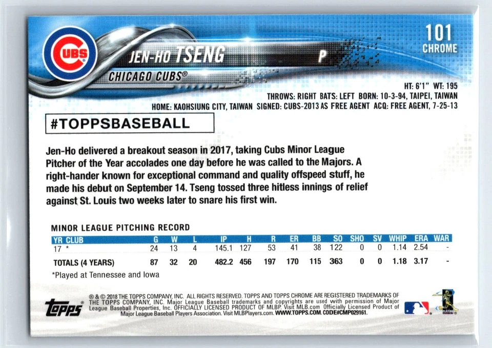 2018 Topps Chrome Jen-Ho Tseng Rookie Chicago Cubs RC #101 - Image 2 of 2