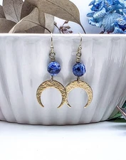 Sodalite Gemstone Sundance Style Brass Moon Boho Dangle Earrings, Gift For Her