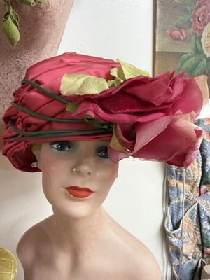 Ladies 1950s Red Satin Hat Huge Pink Rose Millinery Flower #11