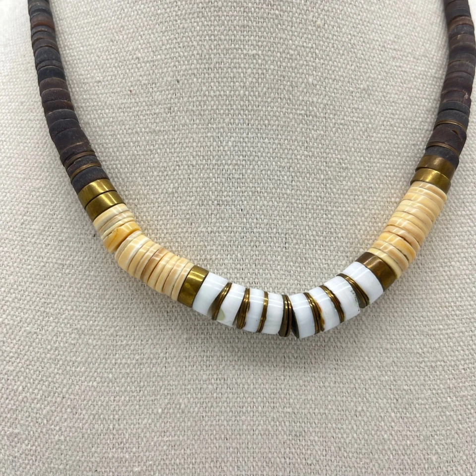 Vintage Heishi Necklace Brown White Brass Disc Beads Surfer Boho Statement - Image 2 of 4