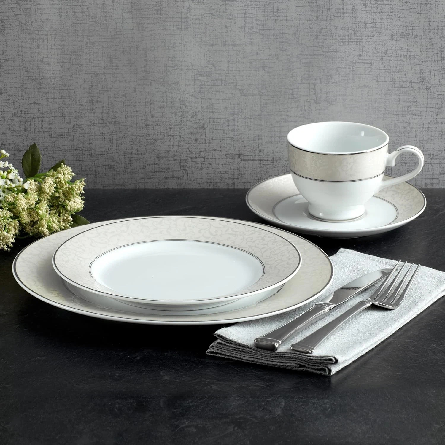 Mikasa Parchment 40-Piece Porcelain Dinnerware Set, Service for 8, Platinum Trim