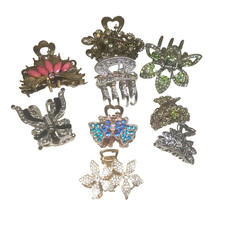 Lot Of 9 Hair Barrettes Silver Gold Tone Rhinestone Claws