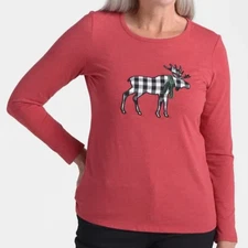 CJ Banks Size 3X Red Knit top, plaid check moose applique, long sleeves, NWT