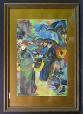 Umbrellas Victorian Town Gathering Potter Original Pastels Painting Framed Art