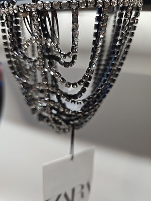 Zara Gothic Choker Necklace Silver Chain Mesh Rhinestone