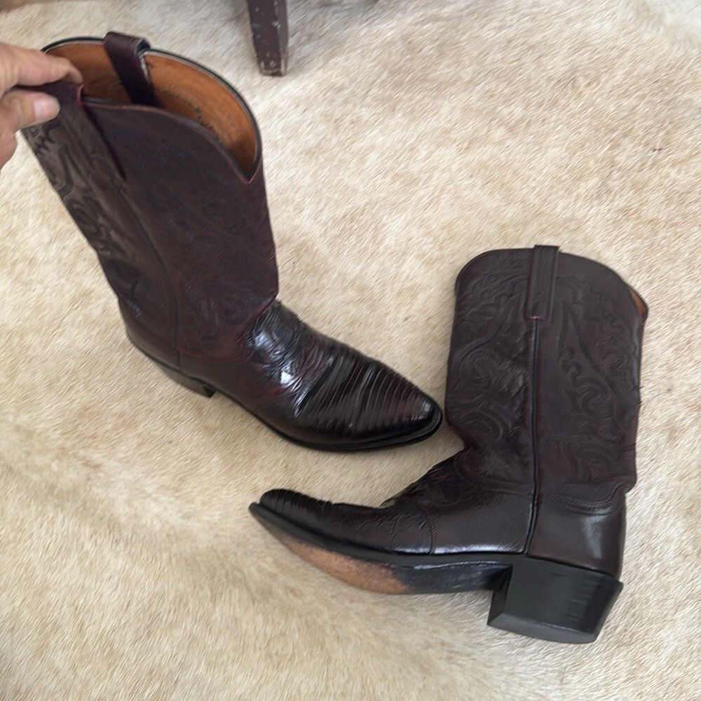 Lucchese 1883 Black Cherry Lizard Inlaid Leather Boots Men