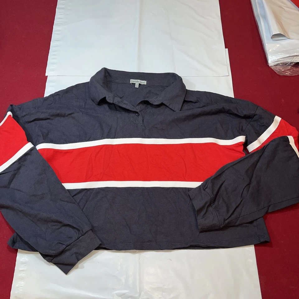XL Charlotte Russe Rugby Shirt Blue Red White Stripes  Crop Top Long Sleeve Polo — 第 3/4 张图片