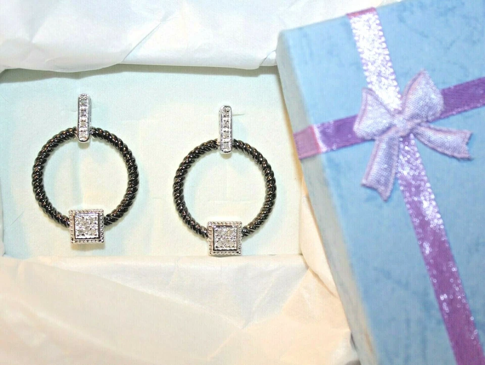 CUERDA TRENZADA OXIDADA PLATA ESTERLINA DIAMANTE GENUINO (.20TCW) ARO DELANTERO COLGANTE Foto 2 de 4