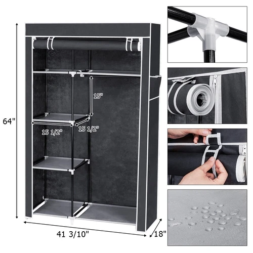 64" Portable Closet Storage Organizer Wardrobe Clothes Rack with Shelves Gray - Picture 10 of 19