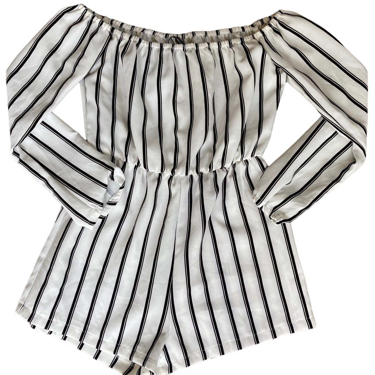 MISSGUIDED US Sz Bardot Romper Playsuit Black and White Striped Off  Shoulder
