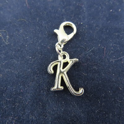 Initial CURSIVE LETTER K Charm Zipper Pull Keychain Add On Clip Silver Tone Lg
