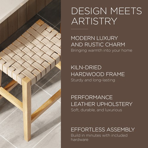 Maven Lane Emerson Stool in Weathered Natural Wood Finish w/ Vegan Leather - Picture 6 of 6