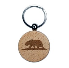 California Flag Bear Solid Engraved Wood Round Keychain Tag Charm