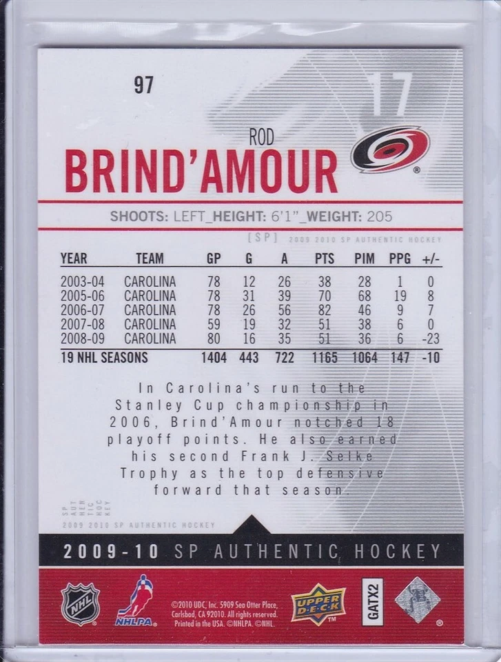 Rod Brind'Amour 2009 SP Authentic Hockey Card 97 - Image 2 of 2